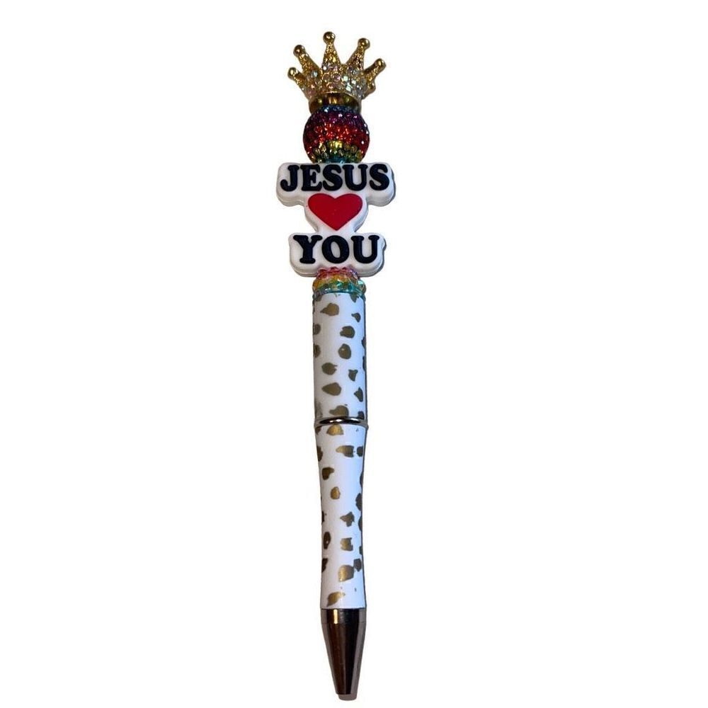 Jesus loves you heart Christian crown beaded writing pen handmade spots animal p